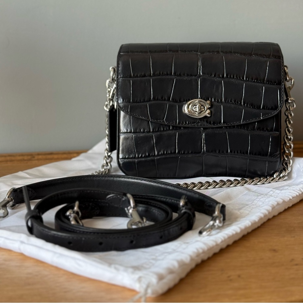 Coach Cassie 19 Black/Silver Embossed Croc Leather Crossbody CP138